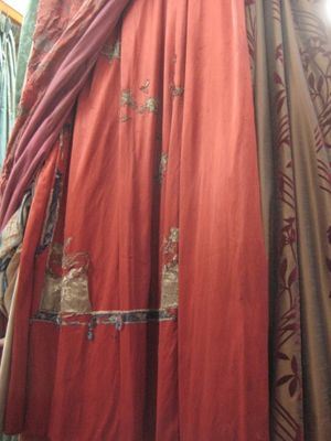 Red Satin Chinese Panel With Gilt Worn Embroidery
